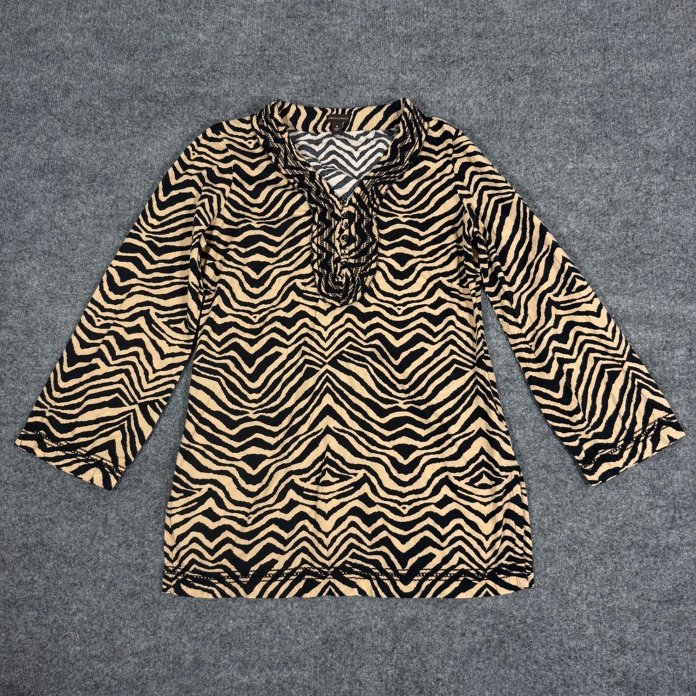 Dana Buchman Zebra Print Tunic Bell Sleeve Women Medium Tan Black Cotton EUC